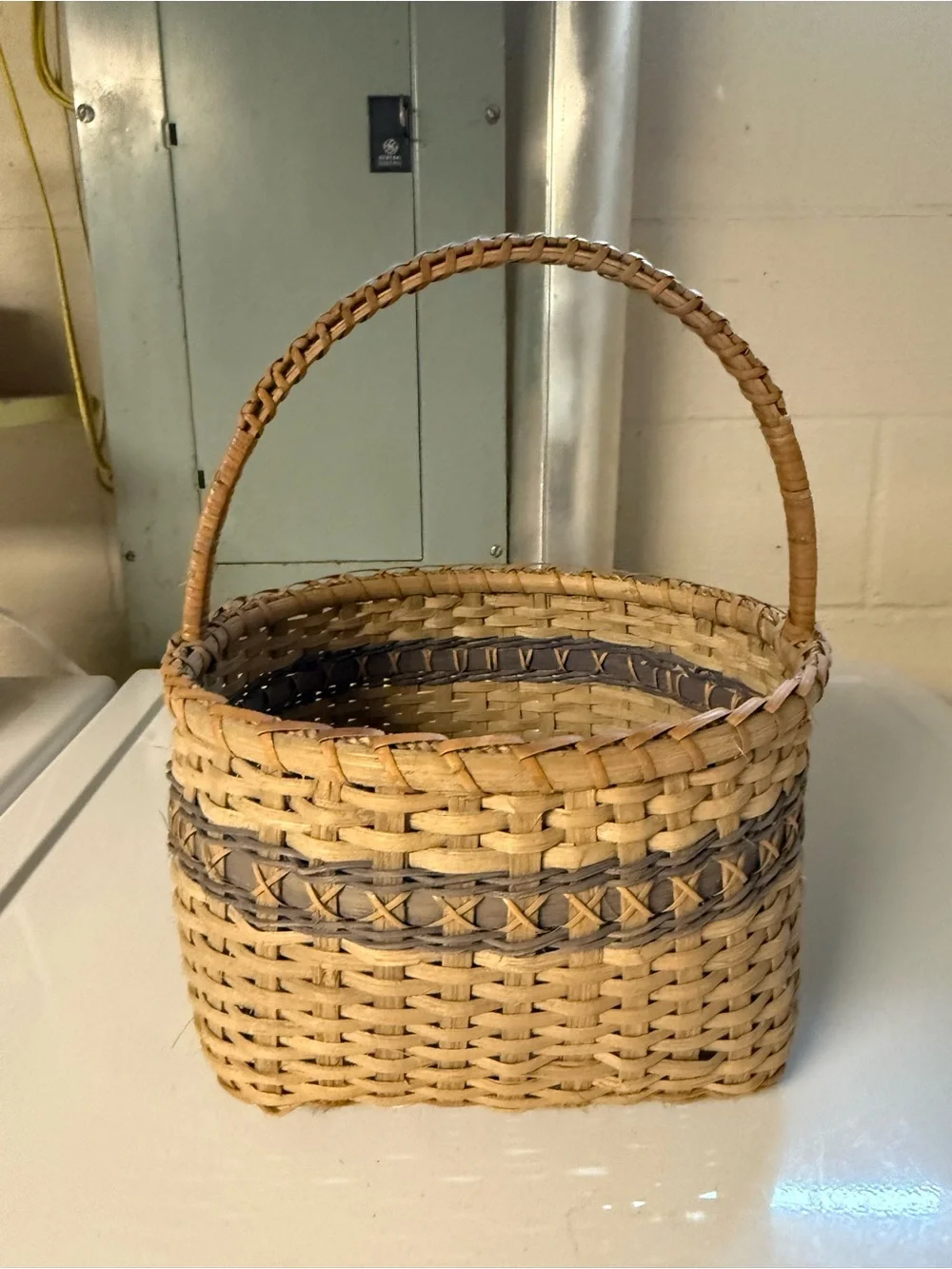Vintage Hand Woven Basket with Blue Accents Rustic Country Farmhouse